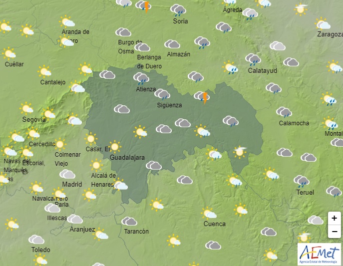 Previsión de tormentas en el norte de la provincia de Guadalajara, hacia las tres de la tarde del lunes, 3 de julio de 2023, según Aemet.