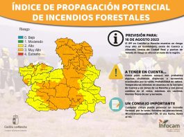 Mapa con el nivel de riesgo de incendios forestales en Castilla-La Mancha para el 16 de agosto de 2023.