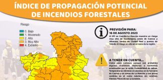 Mapa con el nivel de riesgo de incendios forestales en Castilla-La Mancha para el 16 de agosto de 2023.