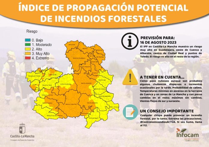 Mapa con el nivel de riesgo de incendios forestales en Castilla-La Mancha para el 16 de agosto de 2023.