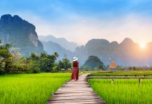 Paseando entre arrozales en Laos.