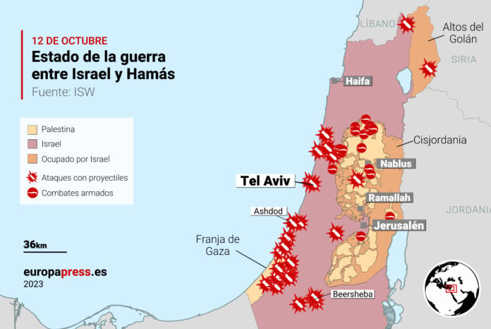 Mapa con el estado de la guerra entre Israel y Hamás el 12 de octubre de 2023, el último conflicto que condiciona la geopolítica mundial. (Gráfico: Europa Press)