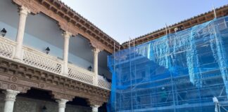 Estado de las obras en el patio renacentista del Liceo Caracense, en octubre de 2023.