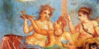 Una comida en la antigua Roma, representada en un fresco.