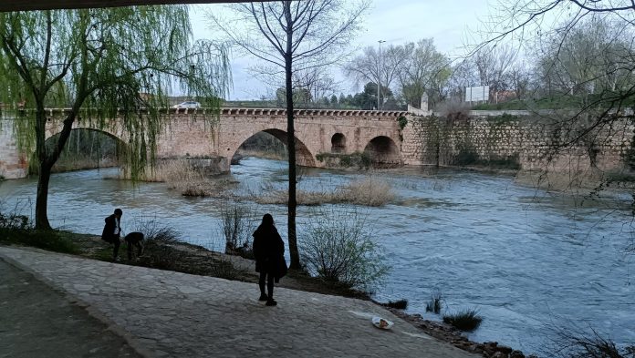 El río Henares y su puente árabe en Guadalajara, durante la crecida de marzo de 2025. (Foto: La Crónic@)