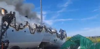 Incendio originado en la cola de un Airbus 330 en el aeropuerto de Ciudad Real el 18 de abril de 2024.