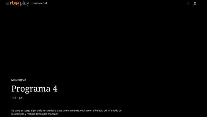 Pantalla en negro: eso es lo único que puede verse del programa de Masterchef rodado en Guadalajara. El pantallazo está tomado de la plataforma RTVE Play.