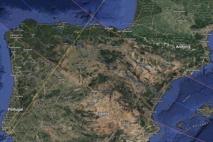 Recorrido de la sombra del eclipse total sobre España en 2026.