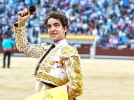 Víctor Hernández fue el único diestro que pudo pasear una oreja el 6 de octubre en Las Ventas. Roca Rey dejó la suya camino de la enfermería, tras la fuerte cogida sufrida. (Foto: Plaza1)