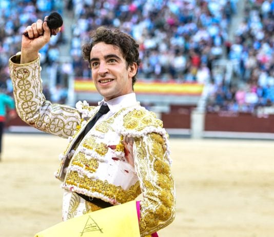 Víctor Hernández fue el único diestro que pudo pasear una oreja el 6 de octubre en Las Ventas. Roca Rey dejó la suya camino de la enfermería, tras la fuerte cogida sufrida. (Foto: Plaza1)