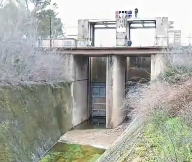 Momento exacto en que empieza a discurrir el agua de Entrepeñas hasta Buendía. (Foto: CHT)