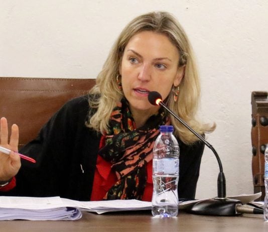 María Jesús Merino, alcaldesa de Sigüenza, durante el pleno en el que se aprobaban los presupuestos municipales de 2025.