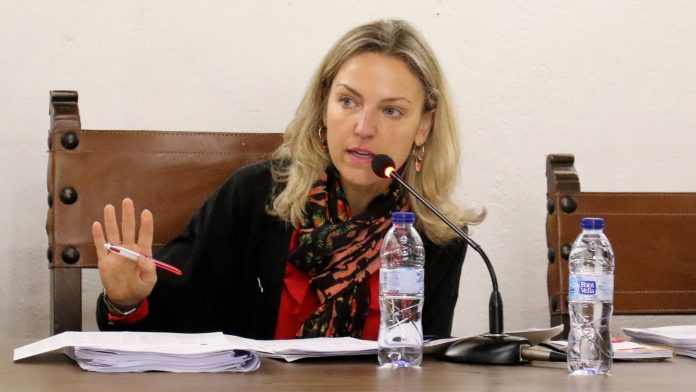 María Jesús Merino, alcaldesa de Sigüenza, durante el pleno en el que se aprobaban los presupuestos municipales de 2025.