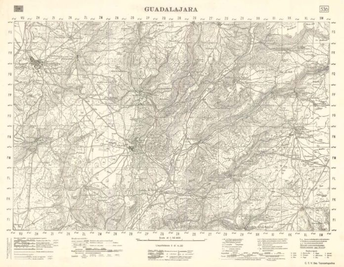 Mapa de Guadalajara impreso por los italianos del CTV en las instalaciones de Heraclio Fournier, durante la Guerra Civil.