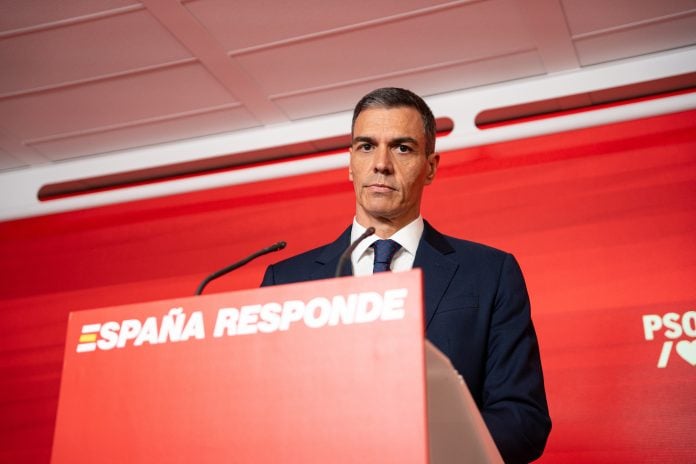 El presidente del Gobierno y Secretario General del PSOE, Pedro Sánchez, durante una rueda de prensa, en la sede del PSOE en Ferraz, el 12 de junio de 2025. (Foto: Gabriel Luengas / Europa Press)