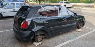 Coche abandonado, y ocasionalmente ocupado, a las puertas del cementerio de Guadalajara. (Foto: La Crónic@)