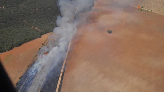 Espectacular imagen del incendio que ha afectado a la circulación del AVE este miércoles, 27 de agosto, entre Yebes y Brihuega. (Foto: Infocam)