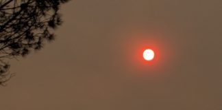 El sol intenta asomar entre el humo que cubre casi toda Galicia. La imagen es del 15 de agosto de 2025. (Foto: La Crónic@)