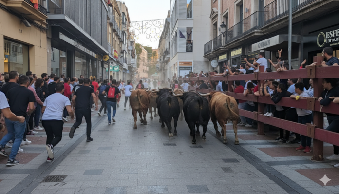 Los encierros de Guadalajara, en la Calle Mayor hacia Santo Domingo, recreados por Inteligencia Artificial una semana antes de su celebración. (Imagen: IA La Crónic@)