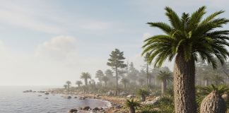 Idealización artística de una playa de hace 200 millones en Sigüenza, según la Inteligencia