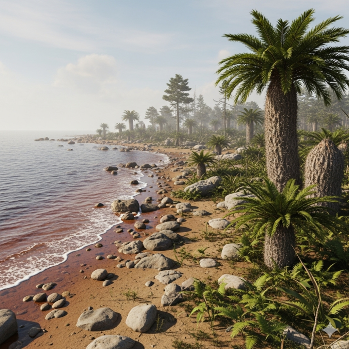 Idealización artística de una playa de hace 200 millones en Sigüenza, según la Inteligencia