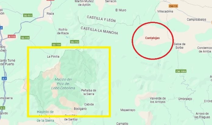 Ubicación de Cantalojas respecto del incendio del Pico del Lobo. (Croquis: La Crónic@ / Google Maps)