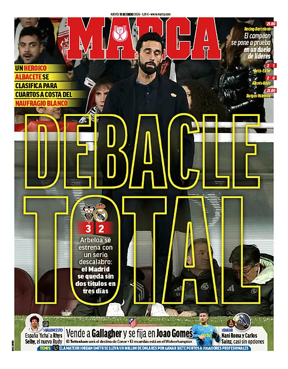 Portada del diario Marca a propósito de la derrota del Real Madrid en Albacete.