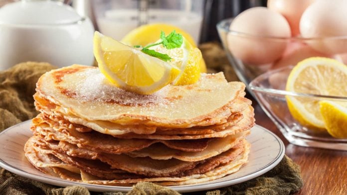 British pancakes with lemon and sugar. Traditional for Shrove Tuesday