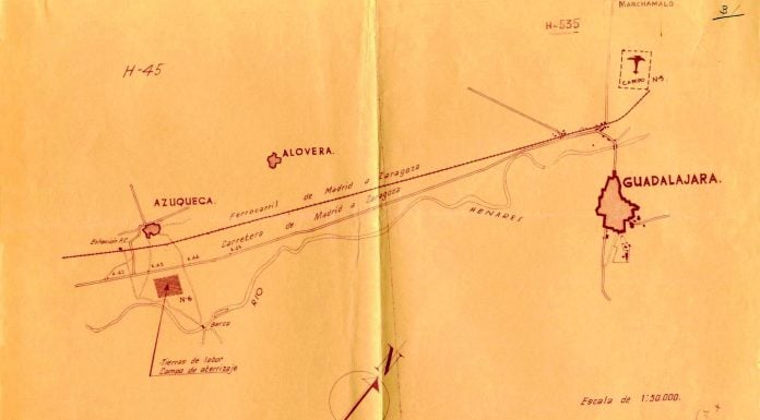 Un campo de aviación secreto se «redescubre» en Azuqueca 89 años después Croquis de situación del campo de aviación que hubo en Azuqueca durante la Guerra Civil.