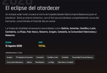 Pantallazo de la información (parcial) del eclipse (total) del próximo mes de agosto.