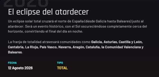 Pantallazo de la información (parcial) del eclipse (total) del próximo mes de agosto.