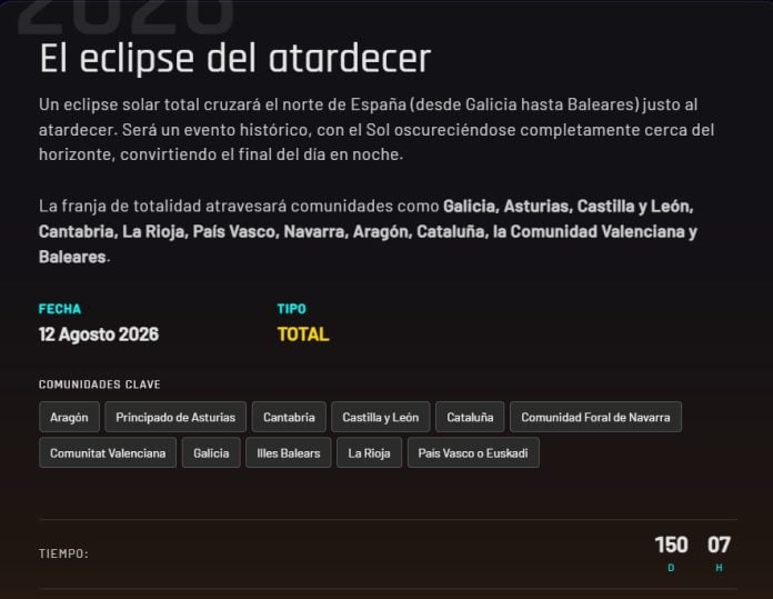 Pantallazo de la información (parcial) del eclipse (total) del próximo mes de agosto.