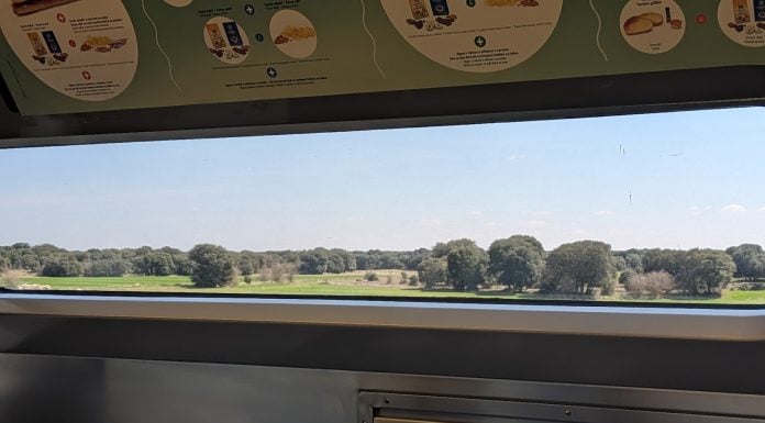 Van a acabar con los «temblores» en la línea del AVE a su paso por Guadalajara La Alcarria desde la cafetería de un AVE, en marzo de 2026. (Foto: La Crónic@)