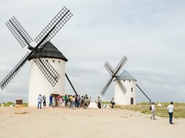 Viajeros procedentes de Madrid, visitan una bodega de vino en Campo de Criptana, en 2022.