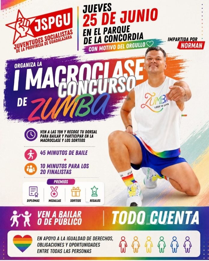 Juventudes Socialistas organiza la primera macroclase-concurso de zumba en Guadalajara con motivo del Orgullo LGTBI.