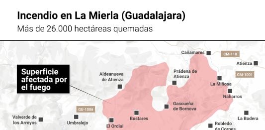 Aumenta la lista de pueblos evacuados y confinados por el incendio Mapa con la superficie afectada por el incendio forestal iniciado en La Mierla. (Fuente: EP)