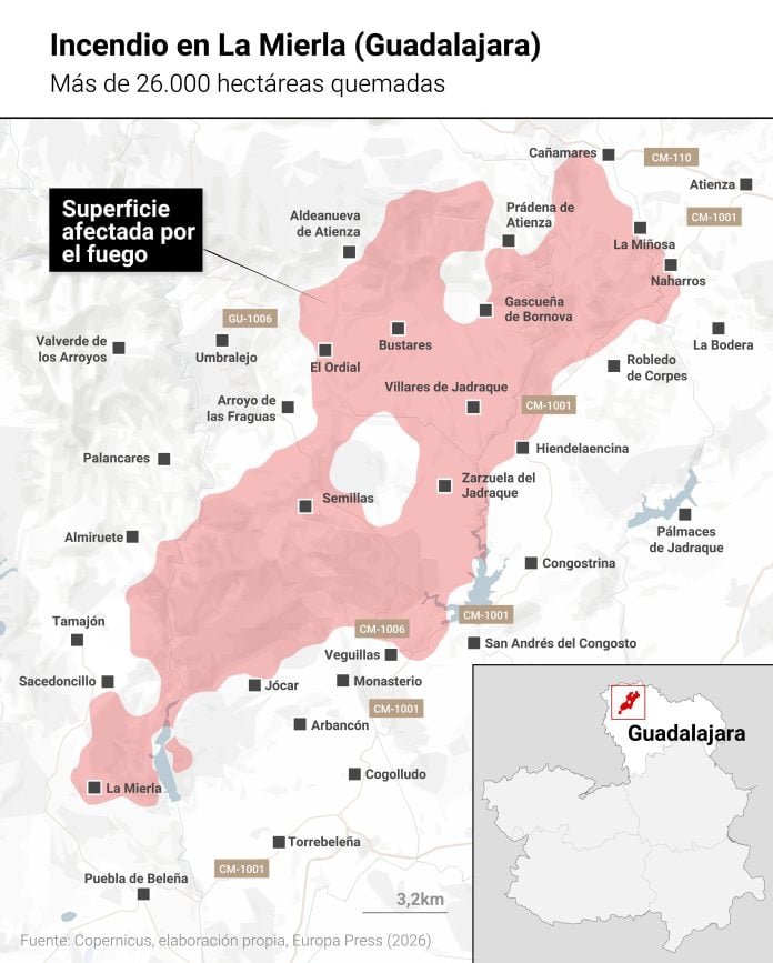 Mapa con la superficie afectada por el incendio forestal iniciado en La Mierla. (Fuente: EP)