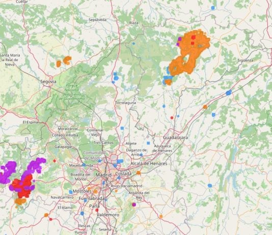 Estado de los incendios de Madrid y Guadalajara sobre un mapa, a partir de los datos aportados por los satélites en tiempo real.