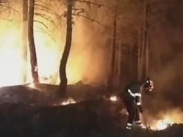 Trabajos de extinción durante la madrugada del viernes en el incendio de La Mierla.