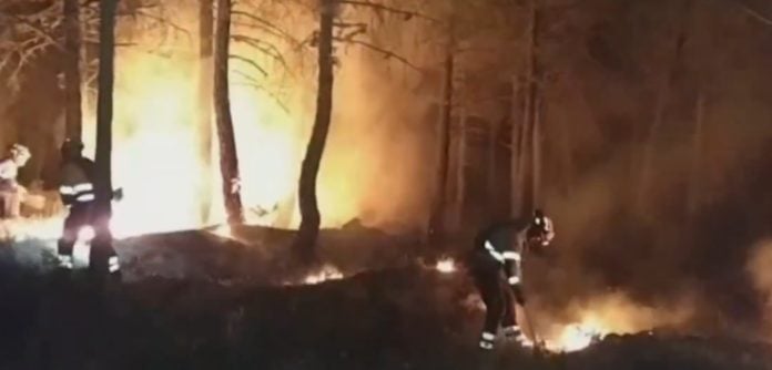 Trabajos de extinción durante la madrugada del viernes en el incendio de La Mierla.