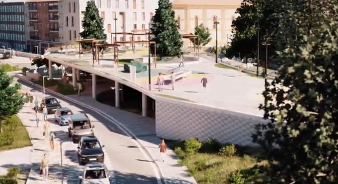 Vista del scalextric peatonal propuesto para Cardenal González de Mendoza, según la interpretación virtual facilitada por el propio Ayuntamiento de Guadalajara.