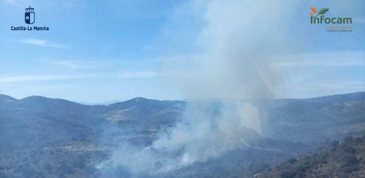 Vista aérea del incendio declarado este viernes en El Cardoso de la Sierra, en su fase inicial. (Foto: Infocam)