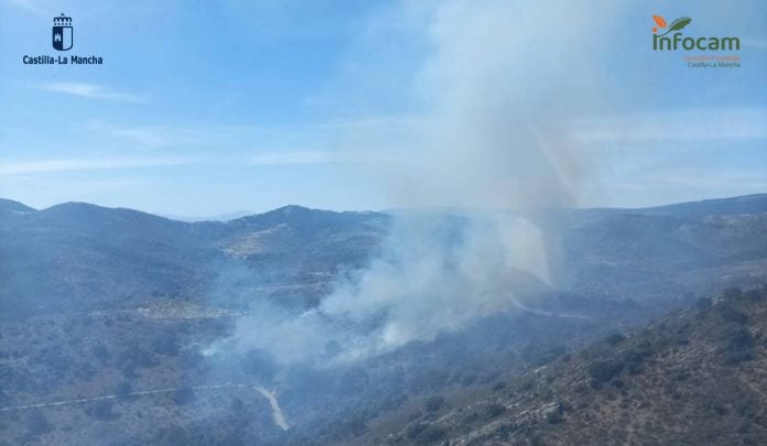 Vista aérea del incendio declarado este viernes en El Cardoso de la Sierra, en su fase inicial. (Foto: Infocam)