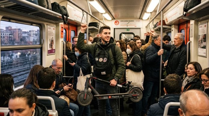 Llevar un patinete en un vagón, como ocurrirá desde el 7 de septiembre de 2026, tiene sus normas. (Foto: IA / La Crónic@)