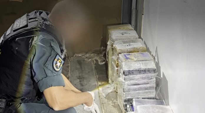Toneladas de cocaína en un pueblo de Guadalajara Un guardia civil observa parte del alijo de droga, en plena operación en el pueblo de Ciruelas.