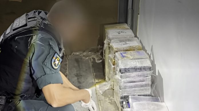 Un guardia civil observa parte del alijo de droga, en plena operación en el pueblo de Ciruelas.
